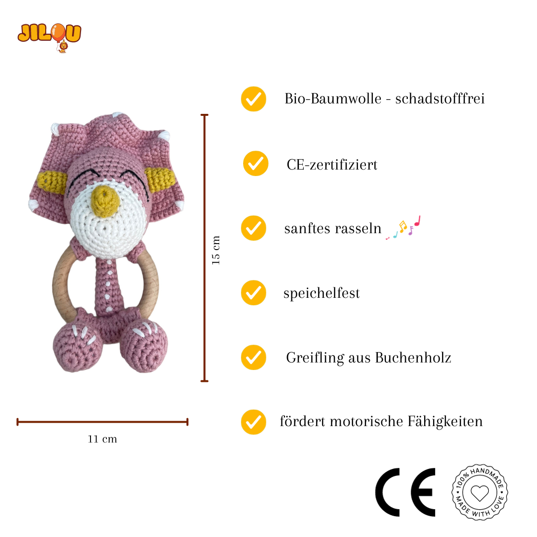 Gehäkelte Rassel - rosa Dino