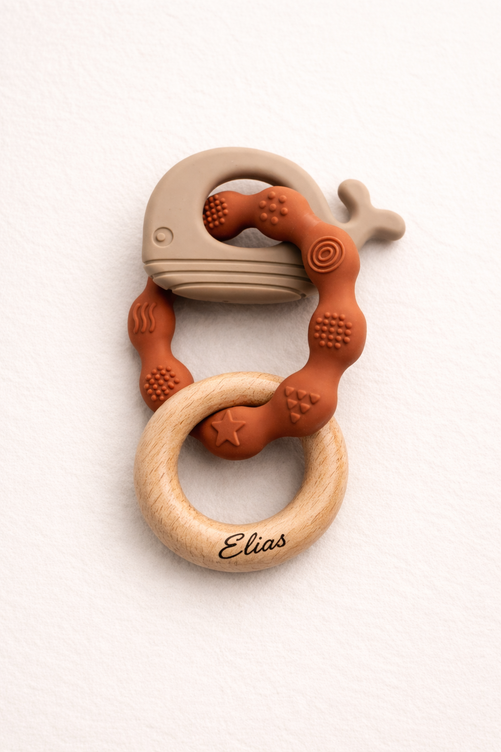 Beißring aus Holz & Silikon - Personalisierbar