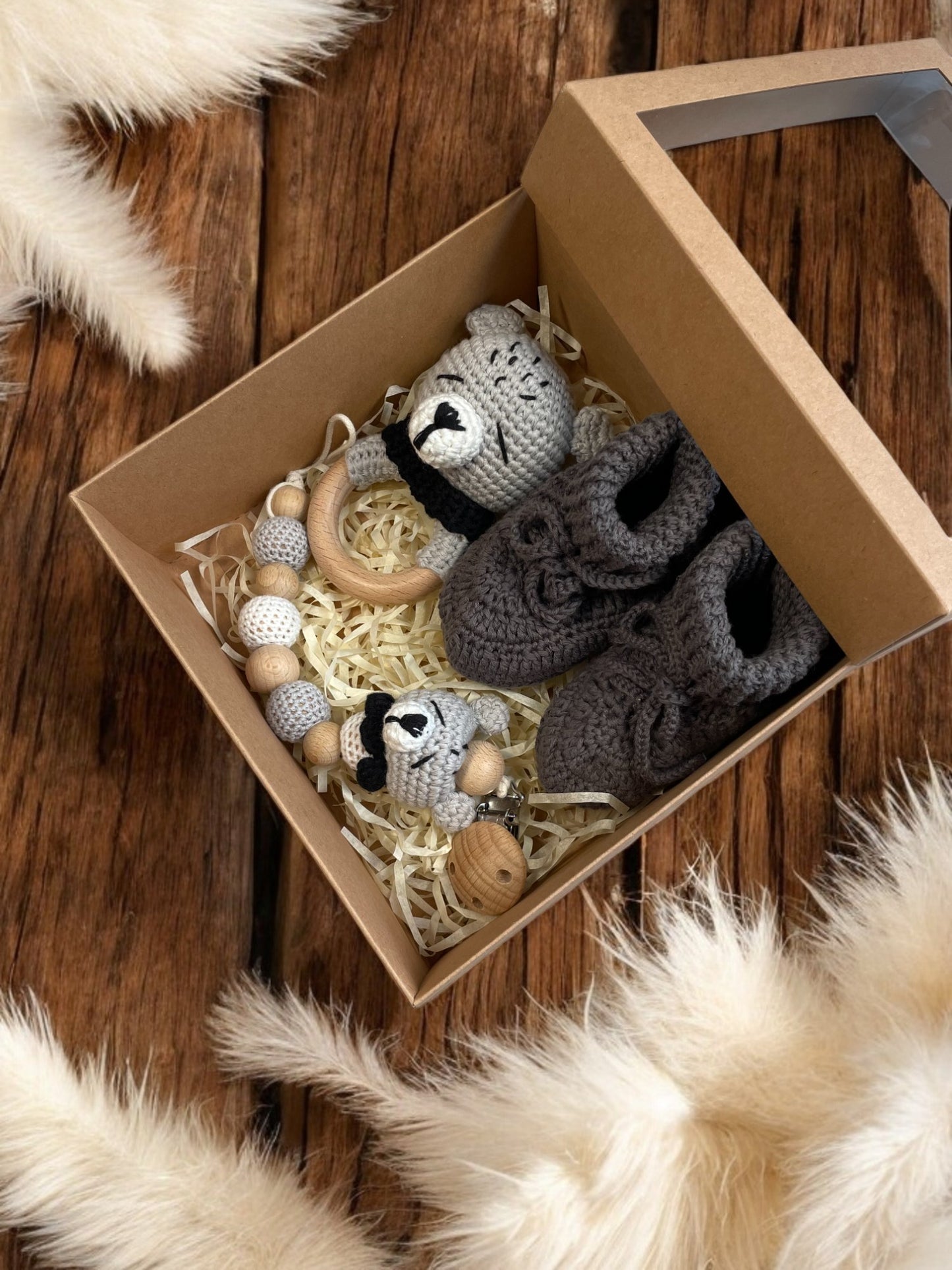 Geschenkset 3-teilig - grauer Bär