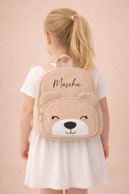 Cord-Bärenrucksack mit Gesicht - personalisierbar