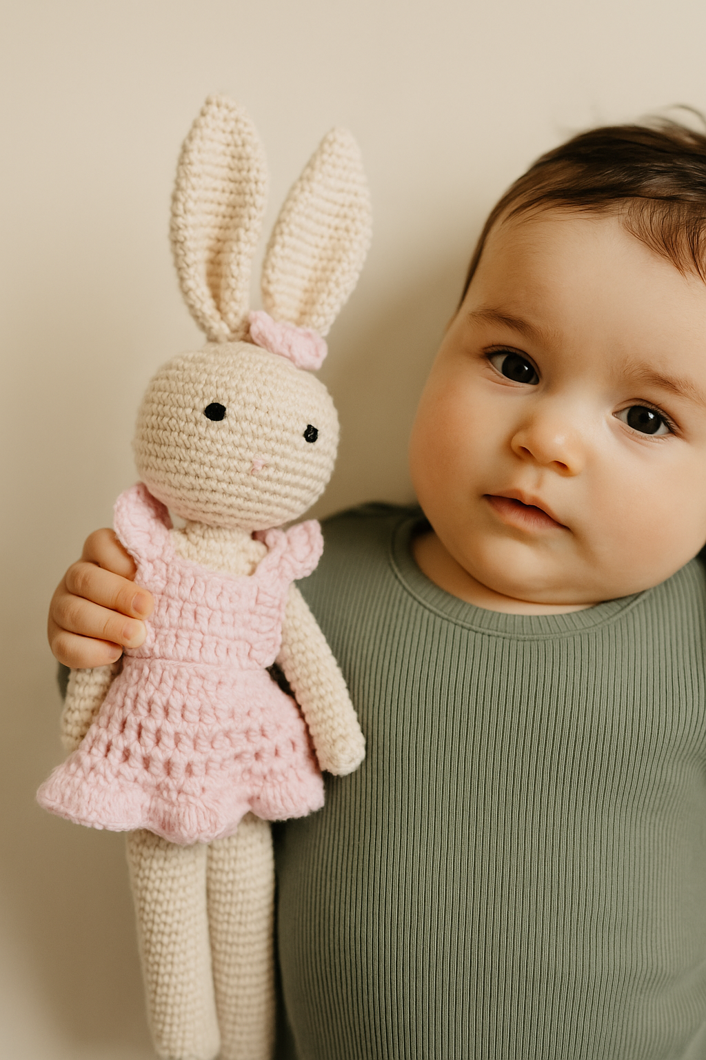 Gehäkeltes Kuscheltier - großer Hase rosa/grau