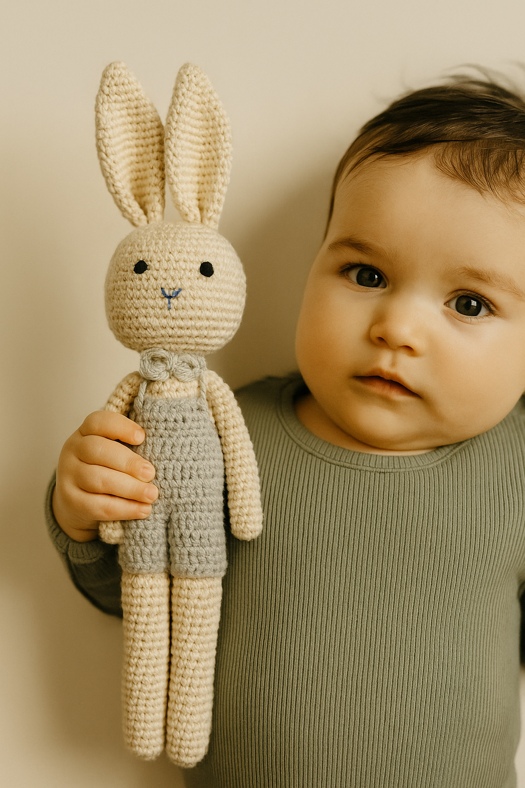 Gehäkeltes Kuscheltier - großer Hase rosa/grau